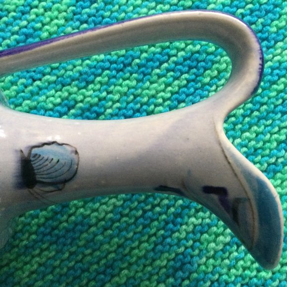 Beautiful handled ceramic vase water pitcher birds butterflies hand painted blue - Picture 6 of 10